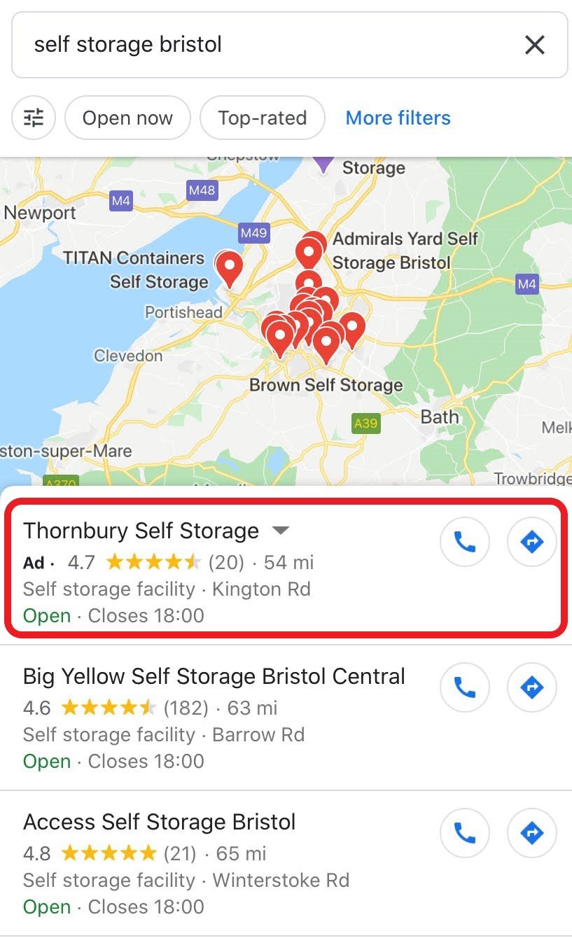 bristol self storage local search ads on mobile
